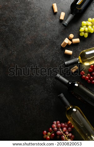 Wine sale or wine harvest season tasting banner or concept, the flat lay composition with various sorts of wine  with copy space for a text