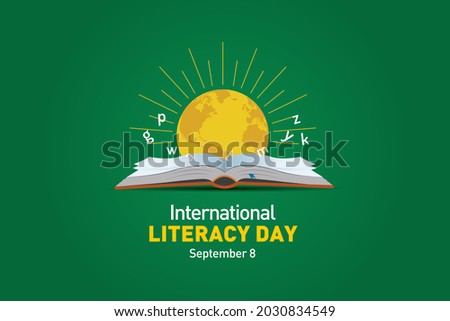 International Literacy Day Vector illustration of open book with alphabet letters and earth. Children education background or learning event concept. Royalty-Free Stock Photo #2030834549