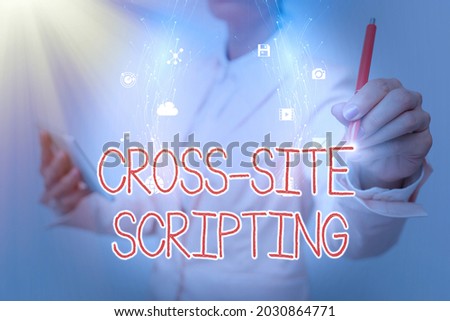 Text caption presenting Cross Site Scripting. Business concept Security vulnerability mainly found in web application Business Woman Using Phone While Presenting New Futuristic Virtual Display.
