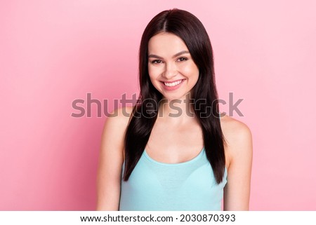 Photo of young cheerful girl happy positive smile brown hair confident isolated over pink color background