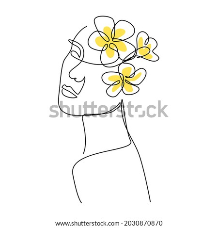 simple woman line flower - one line art lady isolated in white