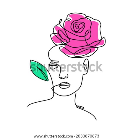 one line flower woman vector - fashionable print - botanical nature