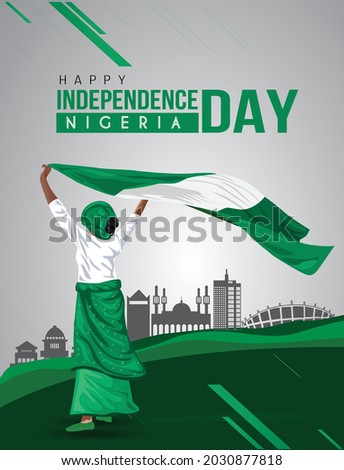 Nigerian Girl waving flag her hands. 1st october Happy Independence day celebration concept. can be used as poster or banner design. vector illustration. Royalty-Free Stock Photo #2030877818