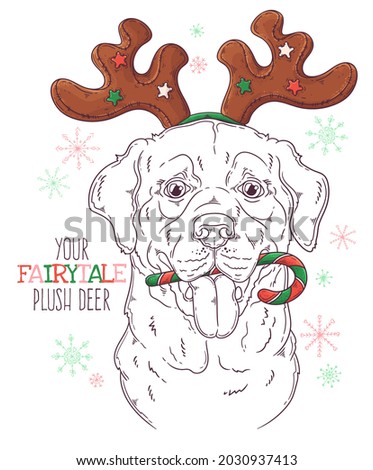 Hand drawn dog portrait with Christmas accessories Vector. Isolated objects for your design. Each object can be changed and moved.