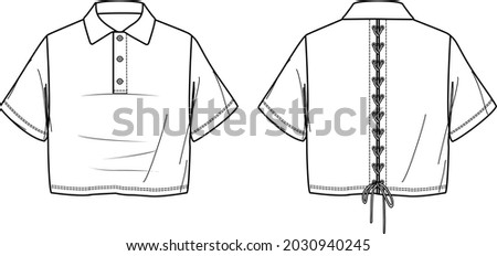 Vector fashion CAD cropped t-shirt, women short sleeved boxy shape blouse with eyelets sketch,  women polo neck top technical drawing, sketch, flat. Jersey blouse with front, back view, white color Royalty-Free Stock Photo #2030940245