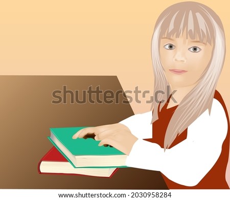 A schoolgirl is sitting at a table with books. Back to school. Isolated objects. A vector image.
