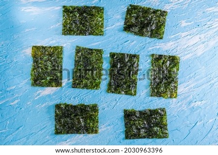 Crispy nori seaweed close up. Japanese food nori. Dry seaweed sheets.