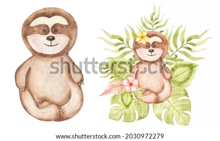 Sloth clipart. Watercolor Baby Sloth clip art, Tropical animal, Leaves Frame, Jungle Flower bouquet, Baby Shower, Kids Birthday Party