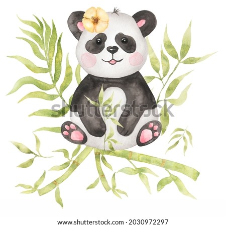 Watercolor Baby Panda clipart. Safari animal, bamboo bouquet, tropical flower wreath, Forest bear clip art, baby shower, kids birthday party
