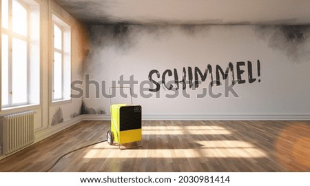 Schimmel (German for: Mould in a room) with Professional dehumidifier after water damage standing in a room with a lot of Mould Royalty-Free Stock Photo #2030981414
