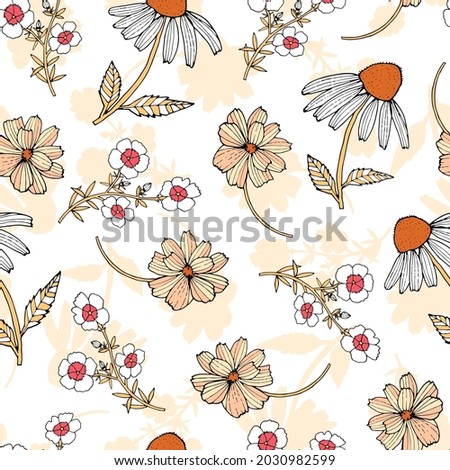 Pattern with drawn summer flowers and unicolored silhouettes on a transparent background. The pattern looks wintage
