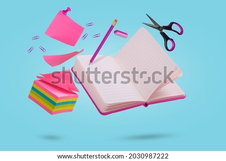 Creative coposition with sicky notes, notebook, pencil, eraser and scissors floating in the air. Levitating school supplies.Minimal, conceptual art. Suitable for advertising, marketing, ads Royalty-Free Stock Photo #2030987222