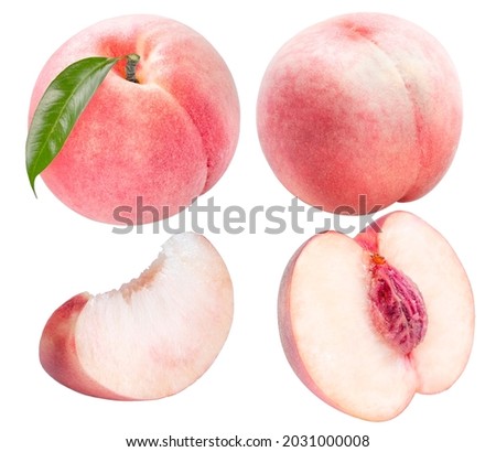 Collection of Pink Peach fruit with leaf isolated on white background, Fresh Peach on White Background With clipping path. Royalty-Free Stock Photo #2031000008