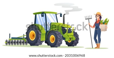 Female farmer holding organic vegetables and fork hoe beside tractor in cartoon style. Harvest farmer illustration Royalty-Free Stock Photo #2031006968