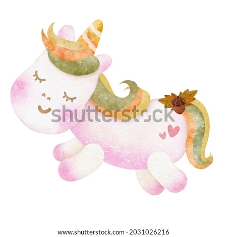 Watercolor illustration of Cute cartoon unicorn fall festival, thanksgiving holiday,  magic fairy unicorn for greeting card, sublimation or gift tag.