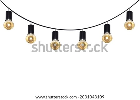 A row of light bulbs hanging on a wire on a white background. Royalty-Free Stock Photo #2031043109
