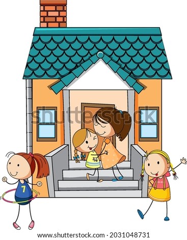 Front view of mini house with many kids on white background illustration