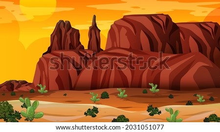 Empty desert forest landscape at sunset time scene illustration