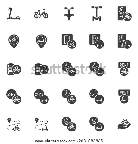 Sharing bike and scooter service vector icons set, modern solid symbol collection, filled style pictogram pack. Signs logo illustration. Set includes icons as electric scooter charging, bicycle riding