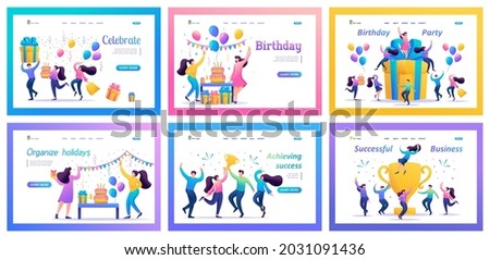 Collection of illustrations for the Birthday celebration. Dancing people celebrating birthdays, men and women at parties, having fun. Christmas trees, toys, gifts. landing page.