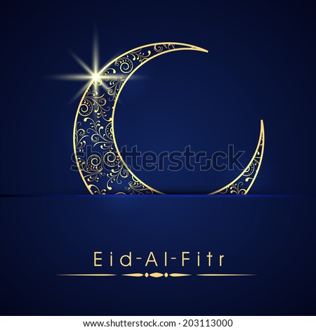 Shiny blue and golden crescent moon on blue background for the occasion of Muslim community festival Eid-Al-Fitr.  Royalty-Free Stock Photo #203113000