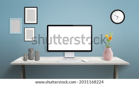 Office work desk with computer display mockup. Clean, flat decorated scene with vase, flower, owl figures, clock and picture frames on blue wall