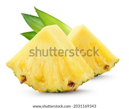 Pineapple slices with leaves. Cut pineapple isolated on white. Full depth of field. Royalty-Free Stock Photo #2031169343
