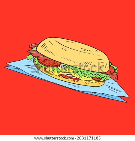 Big sandwich vector flat color icon. Cheese, salad, tomato, bacon, cheese sauce. Fast food delivery. Cartoon style clip art for web, mobile app, textile.
