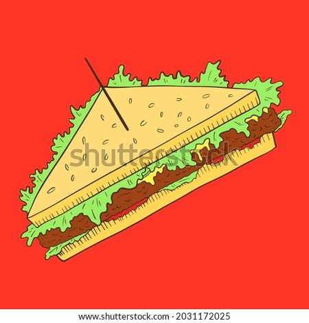 Sandwich vector flat color icon. Cheese, salad, ketchup, cheese sauce, cutlet. Fast food delivery. Cartoon style clip art for web, mobile app, textile.