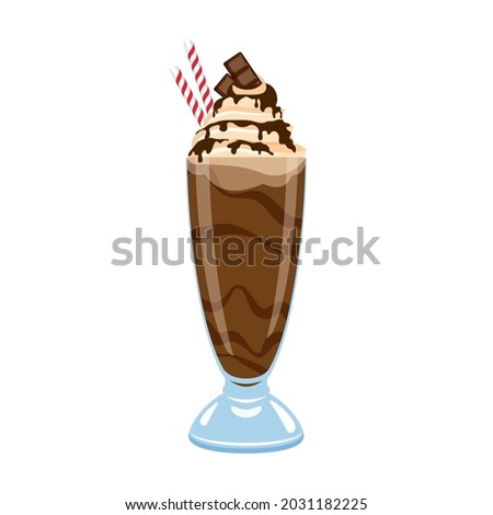 Chocolate milkshake with cocoa topping and whipped cream vector. Ice coffee drink with chocolate icing vector. Glass of milkshake icon isolated on a white background. Delicious chocolate sundae icon