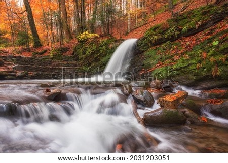 Amazing nature landscape with mountain creek in the colorful autumn forest, natural outdoor travel background suitable for wallpaper, Carpathian mountains, Lumshory, Zakarpattia