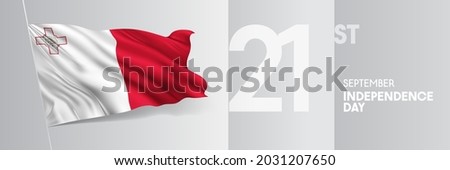 Malta happy independence day greeting card, banner vector illustration. Maltese national holiday 21st of September design element with 3D waving flag on flagpole Royalty-Free Stock Photo #2031207650