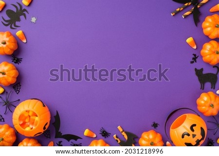 Top view photo of halloween decorations pumpkin baskets candy corn spiders web cat bats witch silhouettes straws on isolated violet background with blank space