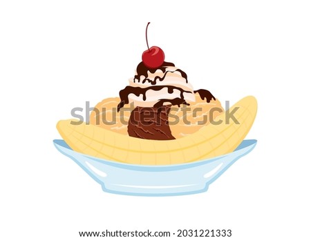 Classic Banana Split Ice Cream Sundae icon vector. Ice cream sundae with banana, chocolate icing and cherry on top vector. Banana split icon isolated on a white background