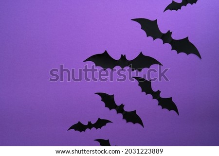 Halloween bats decorations on purple background. Flat lay, top view, minimal style.