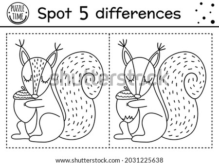 Find differences line game for kids. Black and white Autumn forest educational activity with squirrel and acorn. Printable worksheet with cute animal. Woodland puzzle. Fall preschool coloring page
