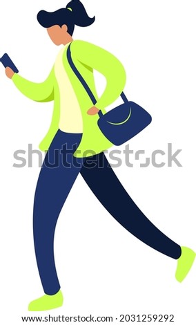 Walking Girl On The Phone - Amazing vector flat illustration of a female character walking while looking on his smartphone suitable for mobile apps, website, design assets, and illustration in general