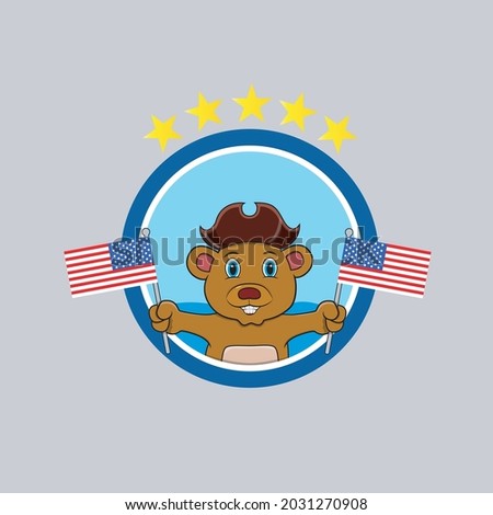 Happy Columbus Day America With Cute Beer And Bring Flags, Circle Label, Cartoon, Mascot, Animals, Character, Vector and Illustration.