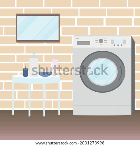  interior of the laundry room in the house. Vector illustration of a washing machine, a table and a mirror on the background brick wall. Flat style