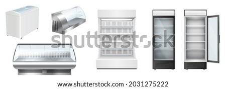 Set of vertical and horizontal fridges showcases with glass doors for display in grocery store, supermarket or cafe. Modern shop refrigerators collection. Realistic vector illustration Royalty-Free Stock Photo #2031275222