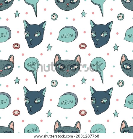 Seamless pattern with hand drawn cats. Cute design for Halloween decorations. Vector seamless pattern.