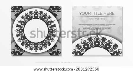 Stylish Ready-to-print white postcard design with luxurious Greek ornaments. Invitation card template with vintage patterns.