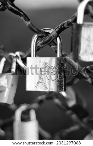 Paris, France. Love Lock with Eiffel Tower and Hearts. Valentine's Day, Wedding Concept.
