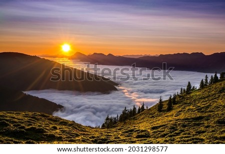 Thick fog in the mountains at dawn. Sunrise fog in mountains. Mountain fog at dawn. Sunsrise fog landscape Royalty-Free Stock Photo #2031298577