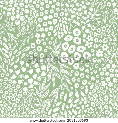 Doodled botany plants seamless repeat pattern. Random placed, various vector flowers, leaves, herbs, berries and branches illustration all over surface print on sage green background. Royalty-Free Stock Photo #2031303593