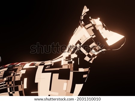 3d rendering of a futuristic mechanical dog in a dark black background with a effect of boom for the purpose of advertisement and commercial use