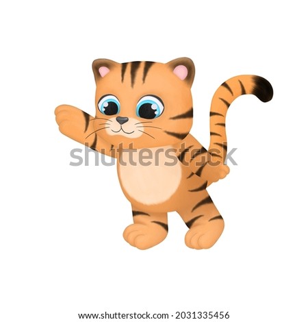 Funny cartoon animals.Digital watercolor illustration tiger cub. Hand draw christmas animal. year of the tiger. New year clipart. Children decoration