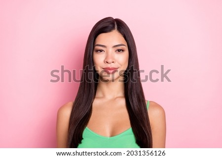 Photo of shiny charming young lady wear green tank-top smiling isolated pink color background