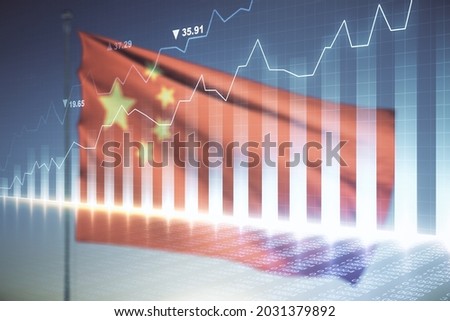Multi exposure of virtual abstract financial diagram on flag of China and blue sky background, banking and accounting concept