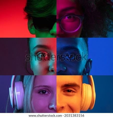 Music. Vertical composite image of close-up male and female eyes isolated on neon backgorund. Multicolored stripes. Concept of equality, human rights, unification of all nations, ages and interests. Royalty-Free Stock Photo #2031383156